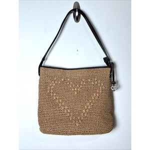 Brighton VTG Woven Jute Straw Tote Purse Leather Strap Heart Detail Shoulder Bag